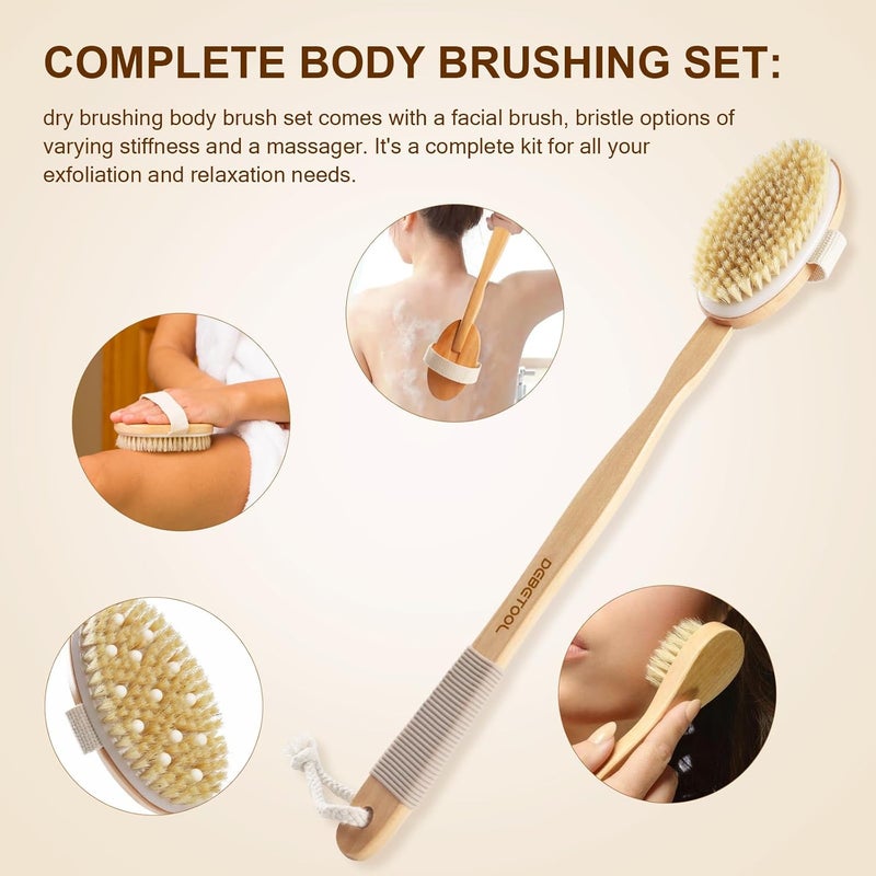 DEBETOOL Dry Brushing Set - Natural Boar Bristle Body & Face Brush, Wooden Long Handle Scrub Brush for Cellulite & Lymphatic Drainage Body Care, Detachable, 3 Brush Heads - Image 2